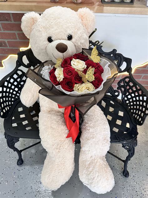 Teddy Bear with Rose Bouquet by The Flower Farm