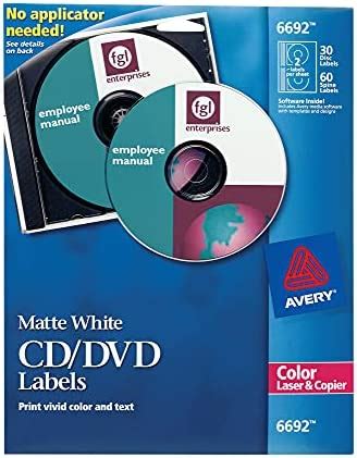 Avery 6692 CD/DVD Labels for Color Lasers, 30 Disc Labels & 60 Spine Labels | Pricepulse