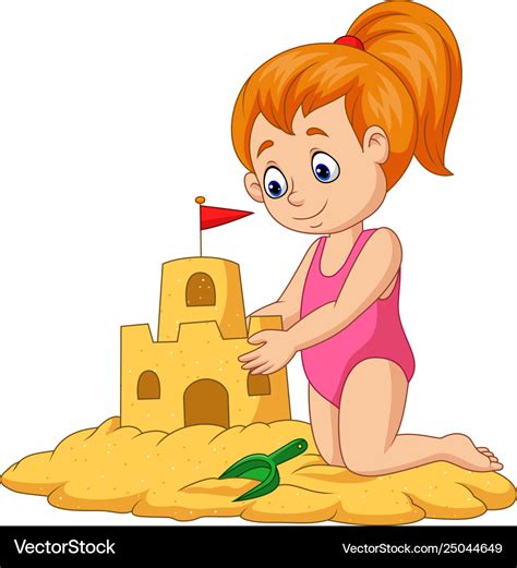 Cartoon happy girl making sand castle Royalty Free Vector