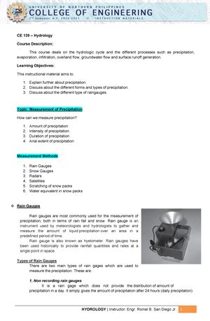 Topic 2 Water Budget Equation - CE 139 – Hydrology Course Description: This course deals on the ...