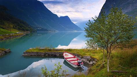 HD wallpaper: Norway nature scenery, lake, mountains, flowers, sunrise ...