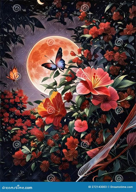 A Painting of a Moon and a Butterfly in the Background. Stock Illustration - Illustration of ...