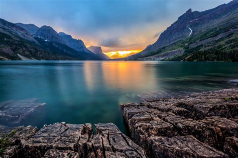 HD wallpaper mountain rock stones lake sunset saint mary lake glacier ...