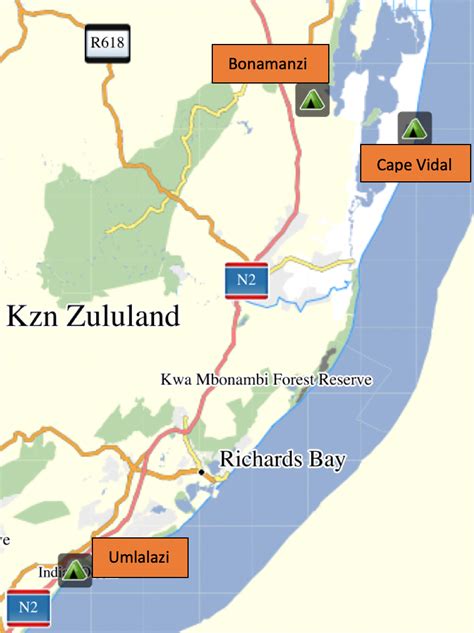 Northern KZN. Umlalazi Nature Reserve, Cape Vidal and Bonamanzi Game Reserve.