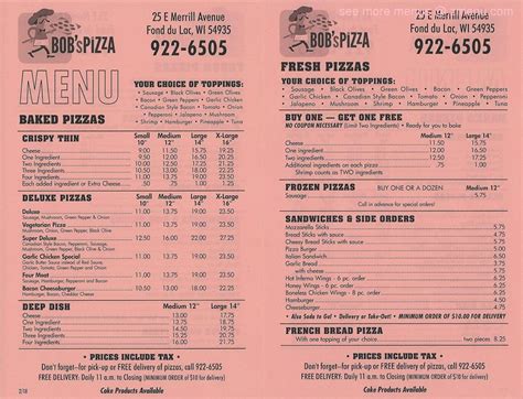 Menu at Bob's Pizza pizzeria, Fond du Lac, 25 E Merrill Ave