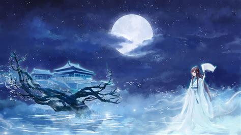 Download Blue Full Moon Moon Anime Girl Anime Girl Blue Anime HD Wallpaper