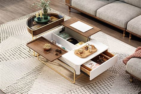 Lift-top Modern Nesting Coffee Table Set with Drawer, Tempered Glass ...
