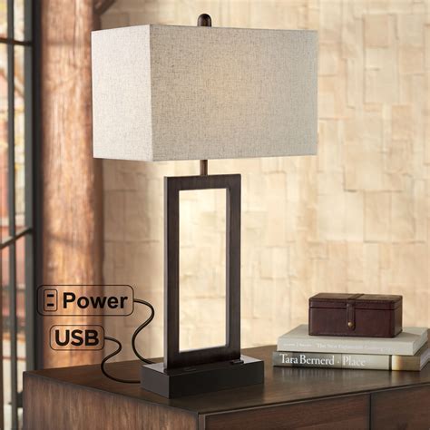 360 Lighting Modern Table Lamp with USB and AC Power Outlet in Base Bronze Rectangular Oatmeal ...