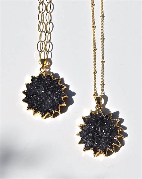 Black druzy necklace druzy star shape pendant sunburst