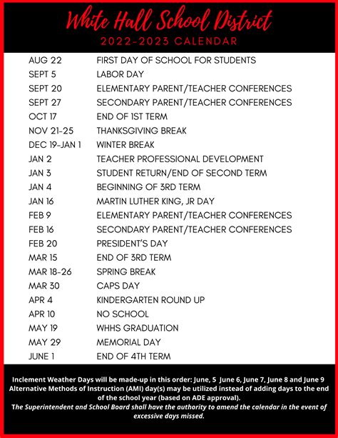 District Calendar of Events | White Hall School District