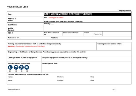 Safe Work Method Template (Blank) - Facilities Management