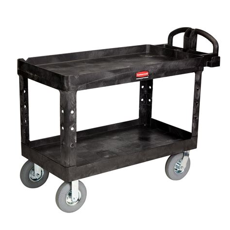 Rubbermaid FG454610BLA Black Large Heavy Duty Two Shelf Utility Cart with Lipped Shelf and ...