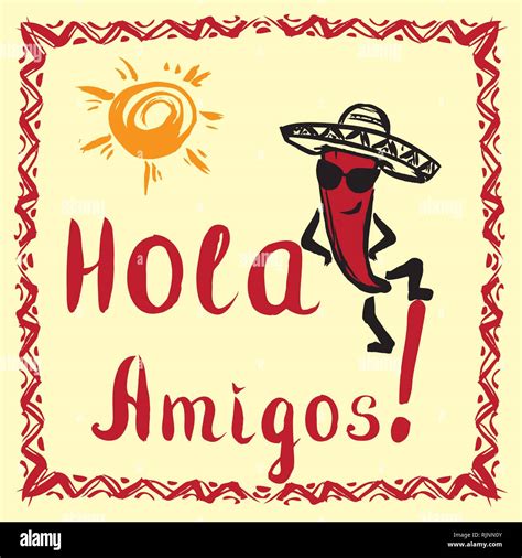 Hola amigos card with sun and funny pepper,hand drawn vector illustration Stock Vector Image ...