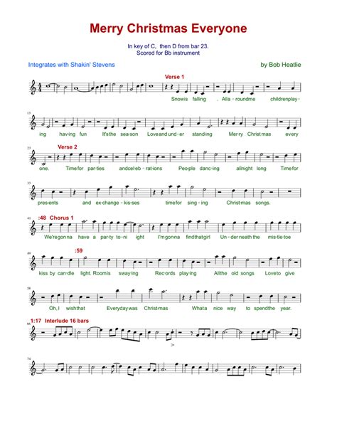 Merry Christmas Everyone. In key of C rising to D at bar 123 Sheet music for Piano | Download ...