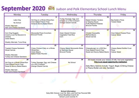 September Lunch Menu! | Polk Elementary School