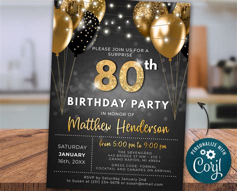 80th Birthday Invitation EIGHTY Party Black Gold Glitter Sparkle ...