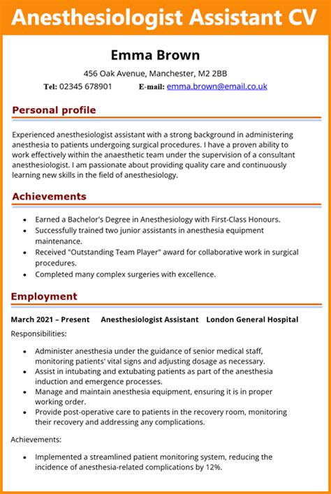 Anesthesiologist Assistant CV template 1