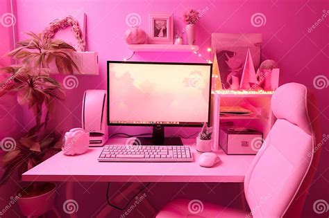 Pink Home Office Desk with Shelves Stock Illustration - Illustration of ...