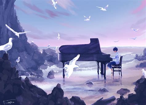 Guy, musician, piano, birds, anime, art, HD wallpaper | Peakpx