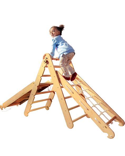 Set 3 in 1: Wooden Triangle Pickler Ladder + Climbing Net + Board Slide ...