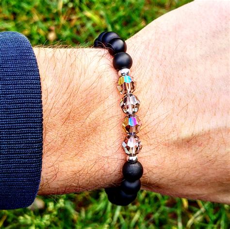 Swarovski mens bracelet, Black beaded swarovski bracelet for men and women, Gift bracelet for ...