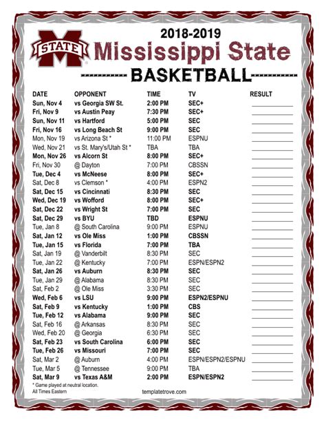 Printable 2018-2019 Mississippi State Bulldgos Basketball Schedule