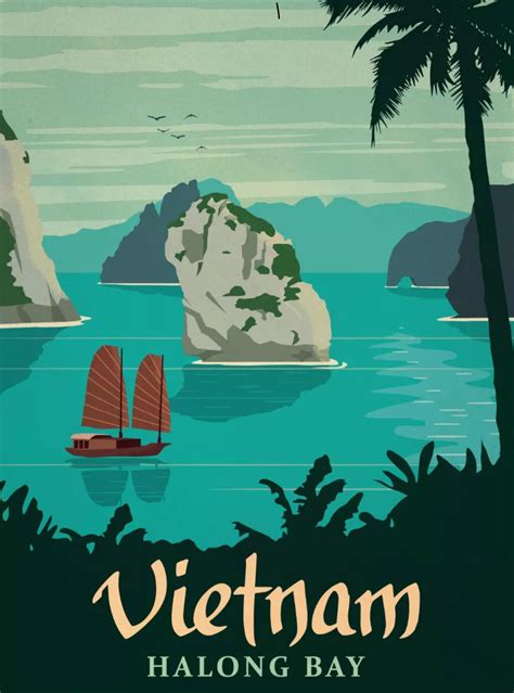 Halong Bay, Vietnam Retro Poster, Retro Travel Poster, Vintage Travel Posters, Vintage Postcards ...