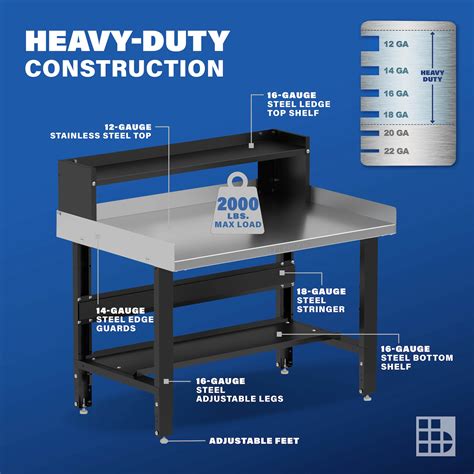 48″ W Adjustable Workbench w/ Stainless Steel Top & Bottom Shelf ...