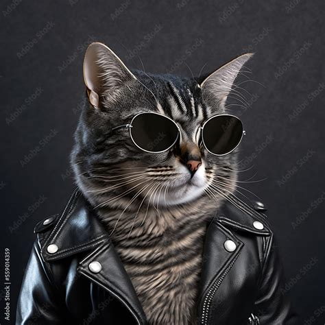 Portrait of a macho cat wearing a black leather jacket and stylish ...