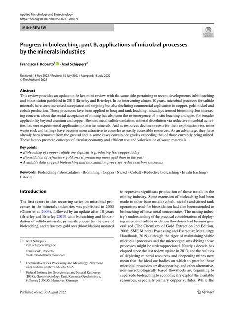 (PDF) Progress in bioleaching: part B, applications of microbial processes by the minerals ...