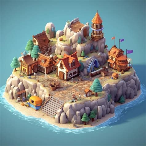 Premium Photo | Low poly castle sea island ocean isometric game scene ortographic sculpt 3d high ...