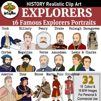 16 Famous Explorers History Clipart Set -color and Black and White (32 images)