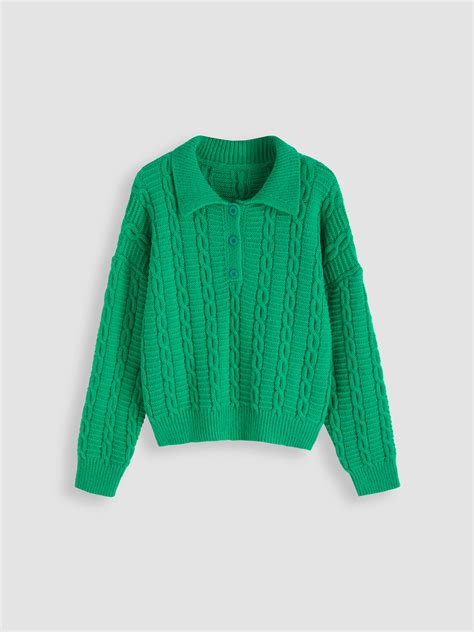 Green Cable Knit Polo Sweater - Cider