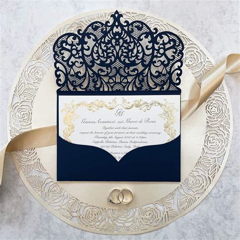 Elegant Invitation Cards Laser Cut Navy Blue Pocket Wedding Invitations ...