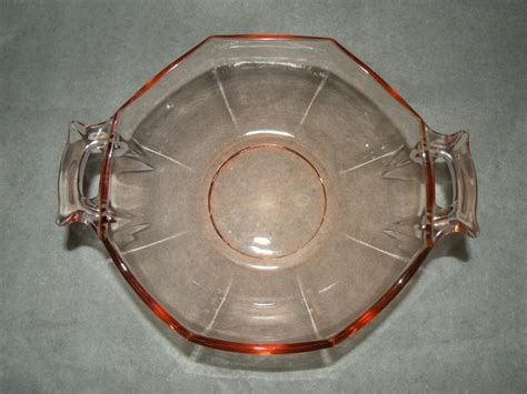 Pink FOSTORIA Depression Glass Bowl with handles octagon shape