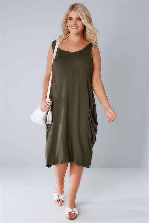 Khaki Drape Pocket Sleeveless Jersey Dress Plus Size 14 to 32