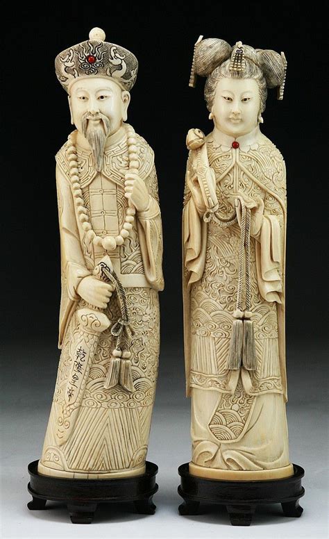 Pair Chinese Antique Carved Ivory Emperor & Empress: finely carved as Emperor and Empress ...