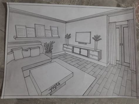 Living room in 2 point perspective | Room perspective drawing, Point perspective, Perspective room