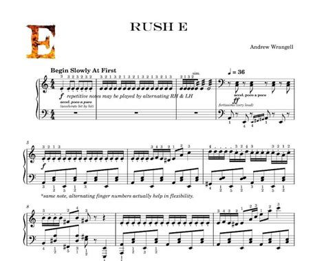 RUSH E Intermediate Piano Sheet Music With Note Names and Finger Numbers FREE Exercises - Etsy ...