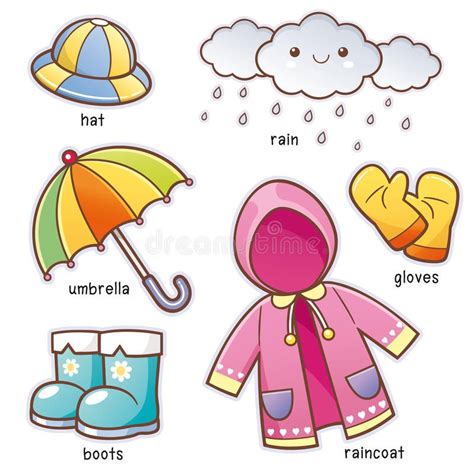 Rain Clothes. Vector illustration of Cartoon Rain Clothes vocabulary ...