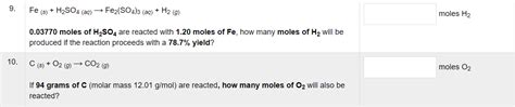 Solved 9. Fe(s)+H2SO4(aq)→Fe2(SO4)3(aq)+H2(g) moles H2 | Chegg.com