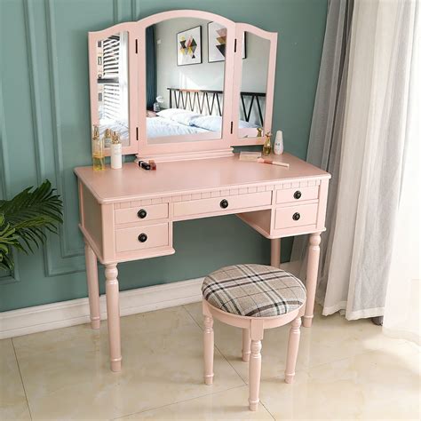 Ktaxon White/Fluorescent Pink Wooden Vanity with Cushioned Stool,Large ...