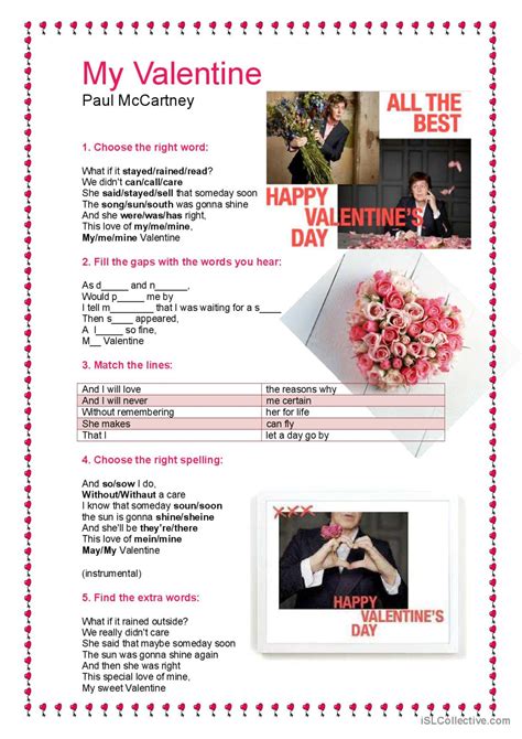 Song: My Valentine - Paul McCartney…: English ESL worksheets pdf & doc