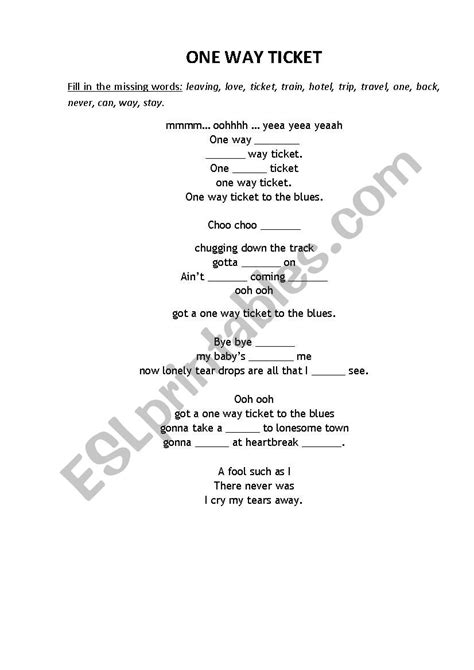 Travelling - One way ticket (song) - ESL worksheet by malyshkajenny