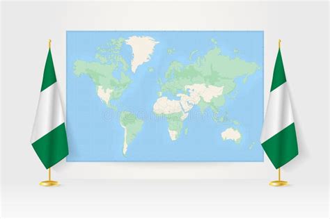 World Map between Two Hanging Flags of Nigeria Flag Stand Stock ...