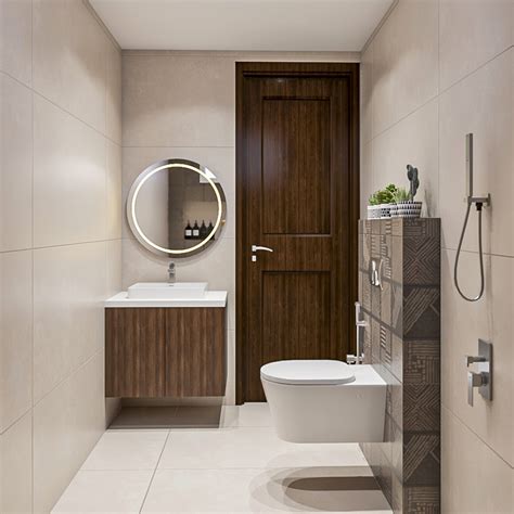 Compact Bathroom Design With Beige And Brown Tiles | Livspace