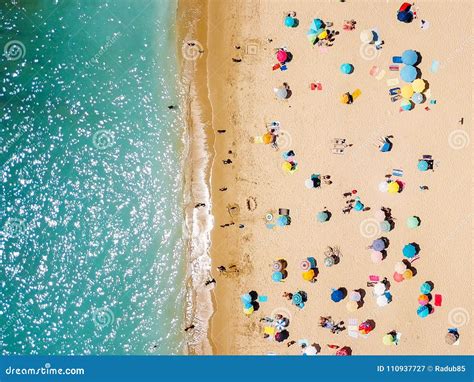 Aerial View from Flying Drone of People Crowd Relaxing on Beach Stock ...