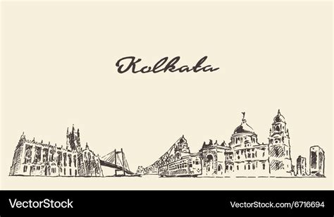 Kolkata skyline vintage drawn Royalty Free Vector Image