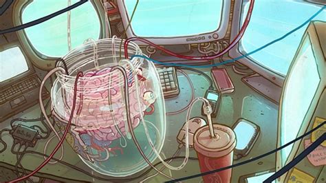 Concept Art Writing Prompt: A brain in a jar basks in the warm glow of monitors