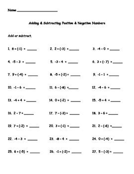 Adding and Subtracting Positive and Negative Numbers Worksheet by Kris ...